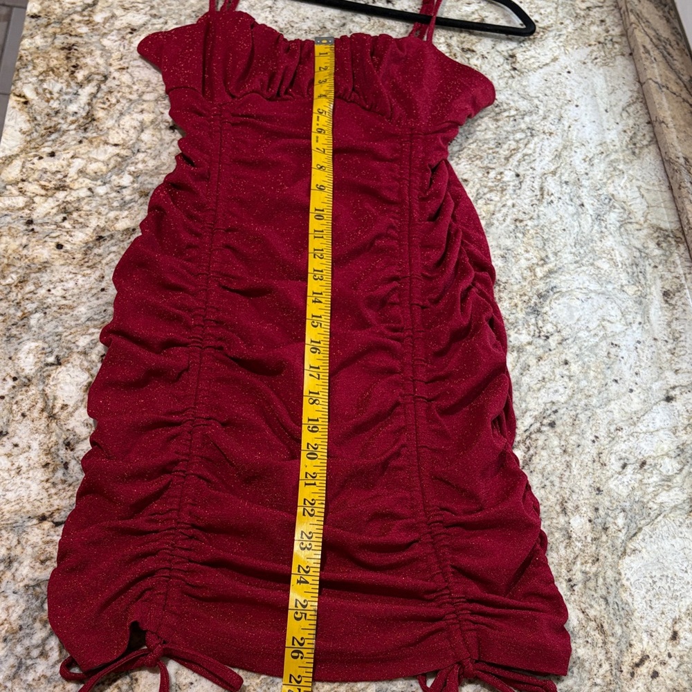 Red Ruched Sparkle Mini Dress - Picture 7 of 8